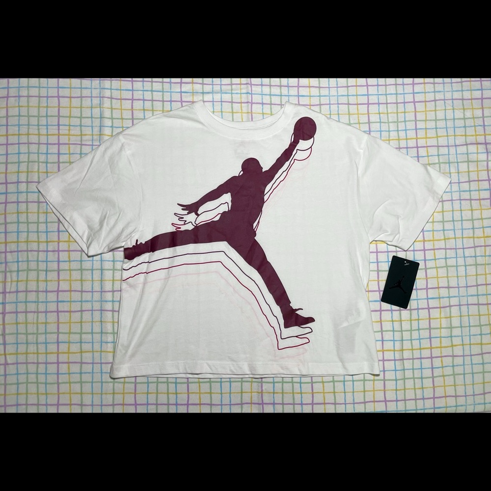 Jordan White Short Sleeve T-shirt with Big Red/Burgundy Jordan Logo for Girls